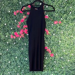 Ambiance Black Bodycon Midi Dress with Halter Neckline for Cocktail